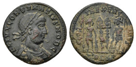 Constantius II, as Caesar, AE Nummus. AD 334-335. (2.65 Gr. 17mm.)
F L IVL CONSTANTIVS NOB C, laureate and cuirassed bust right 
Rev. Two soldiers hel...