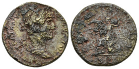 Hadrian AE . Rome, AD 119-120. (8.72 Gr. 24mm.)
Laureate head right, slight drapery 
Rev. Roma seated left on cuirass, her right foot on helmet, holdi...