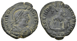 Theodosius I. Cyzicus, AD 379-383. (4.77 Gr. 23mm.)
Pearl-diademed, helmeted, draped, and cuirassed bust right, holding spear and shield 
Rev. Theodos...