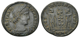 Constantine I (307/310-337). AE Follis (2.14 Gr. 17mm.). Nicomedia
 Rosette-diademed, draped and cuirassed bust right. 
 Rev. Two soldiers flanking tw...