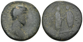 Lucius Verus, (A.D. 161-169), AE Sestertius. Rome, (24 Gr. 42mm.)
Laureate and cuirassed bust right 
Rev. Aurelius standing right, holding scroll, cla...