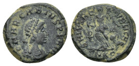 Arcadius AD 388-392. Cyzicus AE. (1.85 Gr. 14mm.)
 Pearl-diademed and draped bust right 
Rev. Victory advancing l. carrying trophy and dragging captiv...
