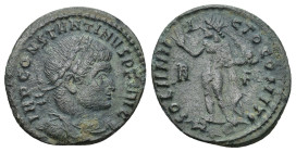 onstantine I (307/310-337). AE Follis (2.2 Gr. 19mm.). Rome. 
Laureate, draped and cuirassed bust right
 Rev. Sol standing l. holding globe and raisin...