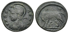 Imperial City Commemorative BI Nummus. Struck under Constantine I AD 333-334. (1.66 Gr. 17mm.)
VRBS ROM[A], helmeted bust to left 
Rev. Lupa Romana su...
