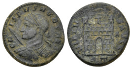 Crispus (Caesar, 316-326). AE Follis (3.3 Gr. 18mm.). Rome. 
Laureate, draped and cuirassed bust left 
Rev. Camp-gate with no doors and two turrets, s...
