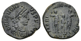 Honorius (393-423). AE (2.17 Gr. 15mm.). Antioch, 
Pearl-diademed, draped and cuirassed bust right. 
Rev. Arcadius, Honorius and Theodosius standing f...