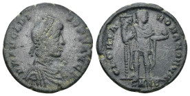 Arcadius. AD 383-408. AE (4.46 Gr. 21mm). Nicomedia 
Pearl-diademed, draped, and cuirassed bust right 
Rev. Arcadius standing facing, head right, hold...