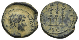 Hadrian (117-138), AE As, Rome, (3.38 Gr. 17mm.) 
Laureate head with drapery on left shoulder 
Rev. Legionary eagle between two standards in ex. S C.
