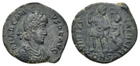 ARCADIUS (383-408) AE (2.67 Gr. 17mm.) Constantinople
 Diademed, draped and cuirassed bust of Arcadius right
Rev. Arcadius standing facing, head right...