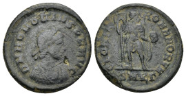 Honorius, 393-423. AE (4.82 Gr. 21mm.), Cyzicus 
Pearl-diademed, draped and cuirassed bust of Honorius to right. 
Rev. Honorius standing front, head t...