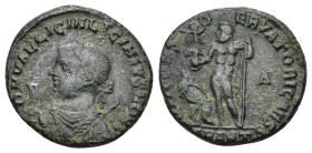 Licinius II. Caesar, A.D. 317-324. AE (3.32 Gr. 18mm.) Antioch 
 Laureate and draped bust left, holding globe, mappa and scepter 
Rev. Jupiter standin...
