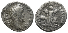 Septimius Severus AR Denarius. Rome, AD 201. (3 Gr. 18mm.)
Laureate head right 
Rev. Trophy flanked by two captives.