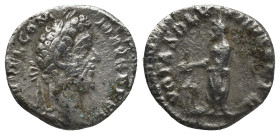Commodus AR Denarius. Rome, AD 191-192. (2.55 Gr. 17mm.)
Laureate head right 
Rev. Commodus standing left sacrificing over tripod.