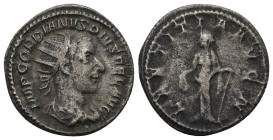 Gordian III, 238 - 244 AD AR Antoninianus, Rome (4.37 Gr. 22mm.)
 Radiate, draped and cuirassed bust of Gordian right. 
Rev.Laetitia standing left hol...