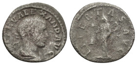 Severus Alexander AD 222-235. AR Denarius Rome (2.07 Gr. 19mm.)
Laureate, draped and cuirassed bust right 
Rev. Libertas standing front, head left, ho...