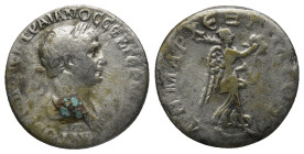 TRAJAN (98-117). Denarius. Rome. (2.95 Gr.18mm.)
Laureate bust right, drapery on left shoulder. 
Rev. Victory standing right on prow, terminating in s...