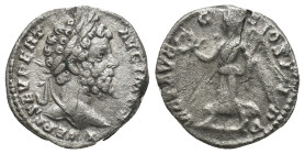 Septimius Severus, AD 193-211. Silver Denarius Laodicea (3 Gr. 17mm.)
Laureate head of Severus right.
Rev. Victoria advancing left holding wreath and ...
