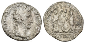 Tiberius. A.D. 14-37. AR denarius (2.7 Gr. 19mm.). Rome. Mule of Augustus type.
Laureate head right 
Rev. Gaius & Lucius standing front, each with a h...