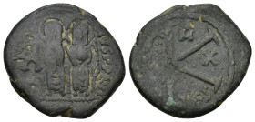 Justin II AD 565-578. Thessalonica Half Follis Æ (24mm, 7.5 g). Justin and Sophia seated facing, holding globus cruciger and cruciform scepter, respec...