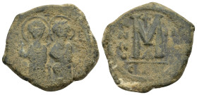 Justin II. 565-578. Æ follis. (27mm, 13.88 g). Constantinople mint, 1st officina. Justin on left holding globus cruciger and Sophia on right holding c...