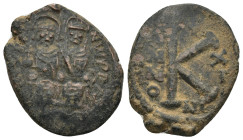 Justin II with Sophia, 565 - 578 AD AE Half Follis, Nicomedia Mint, (23mm, 6.7 g) Obverse: Obverse: Justin on left and Sophia on right, seated facing ...