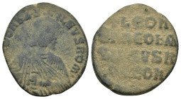 Leo VI the Wise. AD 886-912. Constantinople Follis Æ (24mm, 5.5 g). +LEOn bASILEVS ROm, crowned bust facing with short beard, wearing chlamys, holding...