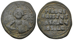 ANONYMOUS FOLLiS. Attributed to Basil II & Constantine VIII (976-1025). AE (29mm, 9.0 g) Facing bust of Christ Pantokrator. Rev: Legend in four lines.