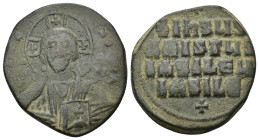 ANONYMOUS FOLLiS. Attributed to Basil II & Constantine VIII (976-1025). AE (26mm, 11.58 g) Facing bust of Christ Pantokrator. Rev: Legend in four line...