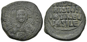 ANONYMOUS FOLLiS. Attributed to Basil II & Constantine VIII (976-1025). AE (29mm, 14.0 g) Facing bust of Christ Pantokrator. Rev: Legend in four lines...