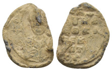 Byzantine Lead Seal Obv: Facing bust of the Saint. Rev: Legend in five lines. 17mm, 2.63 gr.