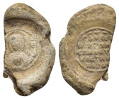 Byzantine Lead Seal Obv: Facing bust of the Virgin Mary, holding Christ medallion on breast. Rev: Legend in five lines. 20mm, 3.43 gr.
