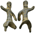 A bronz idol sculpture. Right hand in the air, legs open 47mm, 17.45 gr.
