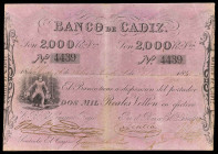 1847. Banco de Cádiz. 2000 reales de vellón. (Ed. A70) (Ed. 74) (Pick S275). 26 de febrero. I emisión. Hércules a izquierda. Fechado a mano, cuatro fi...