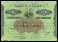 Banco de Cádiz. 100 reales de vellón. (Ed. A74) (Ed. 78) (Pick S291). Sin fecha. III emisión. Cuatro firmas y sello en seco de la fundación del banco ...