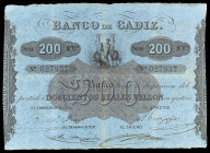 Banco de Cádiz. 200 reales de vellón. (Ed. A75) (Ed. 79) (Pick S292). Sin fecha. III emisión. Cuatro firmas y sello en seco de la fundación del banco....