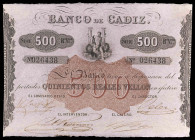 Banco de Cádiz. 500 reales de vellón (Ed. A76) (Ed. 80) (Pick S293). Sin fecha. III emisión. Cuatro firmas manuscritas y sello en seco de la fundación...