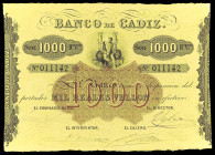 Banco de Cádiz. 1000 reales de vellón. (Ed. A77) (Ed. 81) (Pick S294). Sin fecha. III emisión. Cuatro firmas manuscritas y sello seco de la fundación ...