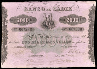 Banco de Cádiz. 2000 reales de vellón. (Ed. A78) (Ed. 82) (Pick S295). Sin fecha. III emisión. Cuatro firmas manuscritas y sello en seco de la fundaci...