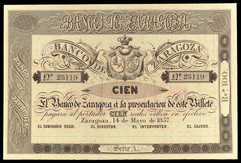 1857. Banco de Zaragoza. 100 reales de vellón. (Ed. A117 var) (Ed. 126 var) (Pic...