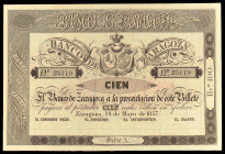 1857. Banco de Zaragoza. 100 reales de vellón. (Ed. A117 var) (Ed. 126 var) (Pick S451r var). 14 de mayo. Serie A. Sin taladrar, sin firmas, con rever...