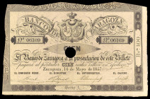 1857. Banco de Zaragoza. 100 reales de vellón. (Ed. A117A) (Ed. 126A) (Pick S451b). 14 de mayo. Serie A. Con taladro central y firmas. Lavado y planch...