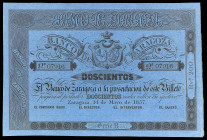 1857. Banco de Zaragoza. 200 reales de vellón. (Ed. A118B) (Ed. 127B) (Pick S452). 14 de mayo. Serie B. Sin taladrar, sin firmas, sin reverso y sin ma...