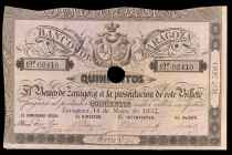 1857. Banco de Zaragoza. 500 reales de vellón. (Ed. A119A) (Ed. 128A) (Pick S453b). 14 de mayo. Serie C. Con taladro central y firmas. Nº 02410. Peque...