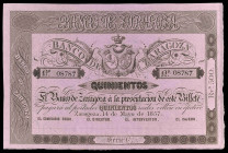 1857. Banco de Zaragoza. 500 reales de vellón. (Ed. A119B) (Ed. 128B) (Pick S453a). 14 de mayo. Serie C. Sin taladrar, sin firmas, sin reverso y sin m...