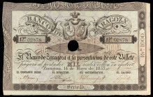 1857. Banco de Zaragoza. 1000 reales de vellón. (Ed. A120A) (Ed. 129A) (Pick S454). 14 de mayo. Serie D. Con taladro central y firmas. Tres dobleces v...