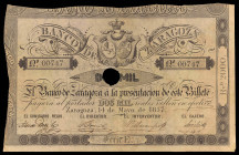 1857. Banco de Zaragoza. 2000 reales de vellón. (Ed. A121A) (Ed. 130A) (Pick S455). 14 de mayo. Serie E. Con taladro central y firmas. Roturas sobre l...