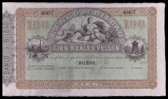 (1857). Banco de Bilbao. 100 reales de vellón. (Ed. A134) (Ed. 143). (21 de agosto). Serie F. Sin firmas, con numeración y matriz lateral izquierda. P...