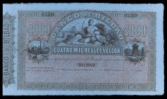 (1857). Banco de Bilbao. 4000 reales de vellón. (Ed. A135) (Ed. 148) (Pick S256). (21 de agosto). Serie A. Sin firmas, con numeración y matriz lateral...