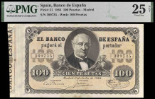 1884. 100 pesetas. (Ed. B73) (Ed. 289) (Pick 31). 1 de julio, Alejandro Mon. Certificado por PMG como Very Fine 25 NET. Restoration. Restaurado. Raro....