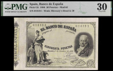 1886. 50 pesetas. (Ed. B77) (Ed. 293) (Pick 35). 1 de octubre, Goya. Certificado por PMG como Very Fine 30. Muy raro. MBC+.
